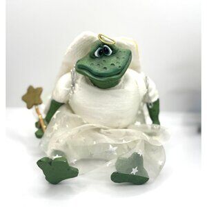 Russ Berrie Frog Angel Figurine With Sheer Star Skirt White & Green
